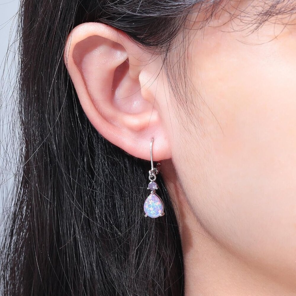 Leverback Opal Dangle Drop Earrings For Women Girls 14K Gold Plated Teardrop Ear - Picture 2 of 7